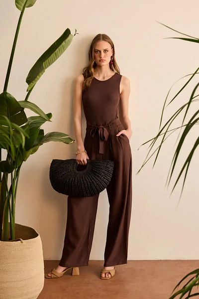 Gusto Viscose Jumpsuit with Belt - Brown