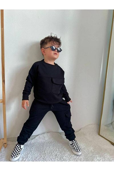 MİO Boy's Hooded Pocket Detailed Bottom Top Set Black