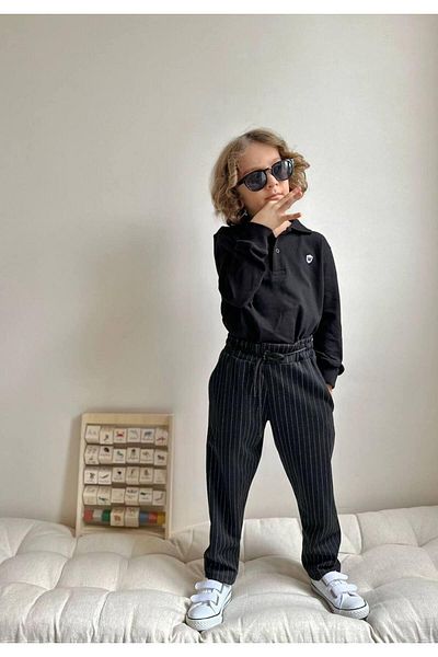 MİO Boy's Polo Collar Striped Trousers Suit Black