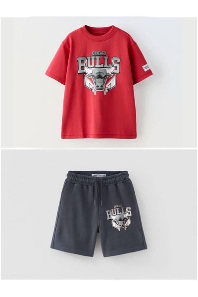 MİO Boys' Cotton T-Shirt and Shorts Set - Summer Sports Style Red