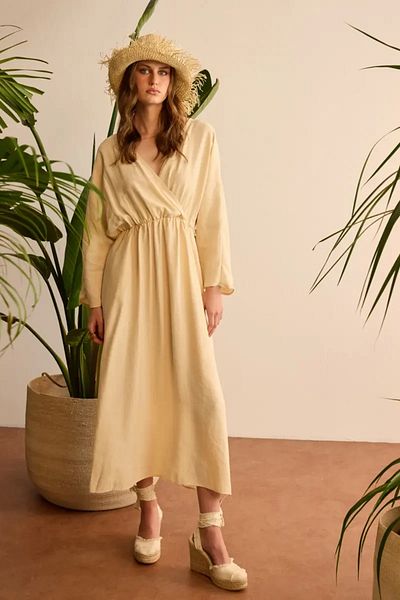Gusto Wrap Cut Long Modal Dress - Stone