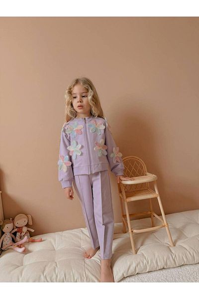 MİO Girl's Flower Detailed Jacket Suit Powder