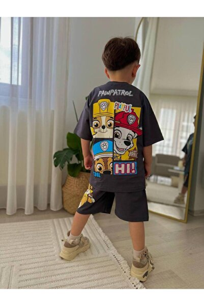 MİO Boy's Cotton Paw Oil T-Shirt and Shorts Set Black