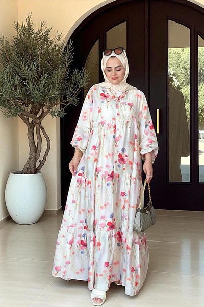 Aselim Hijap Moda Βαμβακερό φόρεμα με λουλουδάτο σχέδιο καλοκαιρινό μπεζ