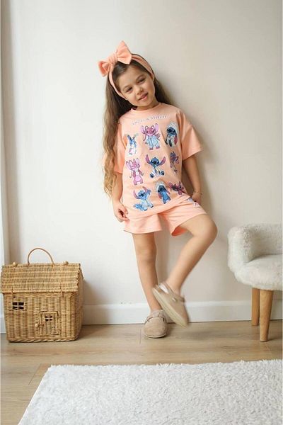 MİO Girls Oversize T-Shirt and Shorts Set 2-Piece Set, Cotton and Comfortable Pink