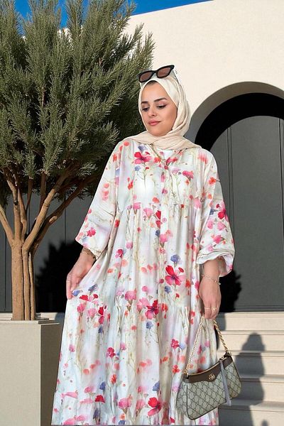 Aselim Hijap Moda Βαμβακερό φόρεμα με λουλουδάτο σχέδιο καλοκαιρινό μπεζ