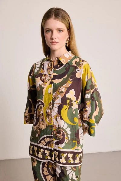 Gusto Cămașă din amestec de viscoză cu model - kaki