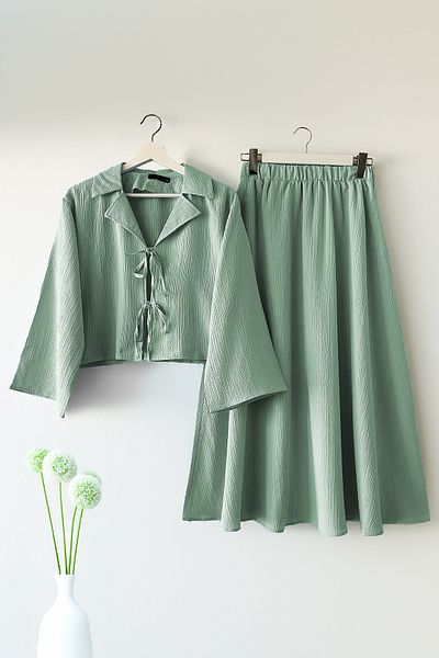 MODAQU Double Breasted Collar Kimono Skirt Suit - Green
