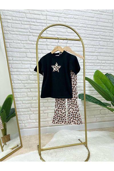 MİO Girl's Leopard Printed Black T-Shirt and Patterned Leggings Set Black
