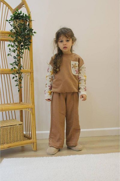 MİO Girl's Hooded Coffee Knitted Detailed Loose Leg Suit Coffee