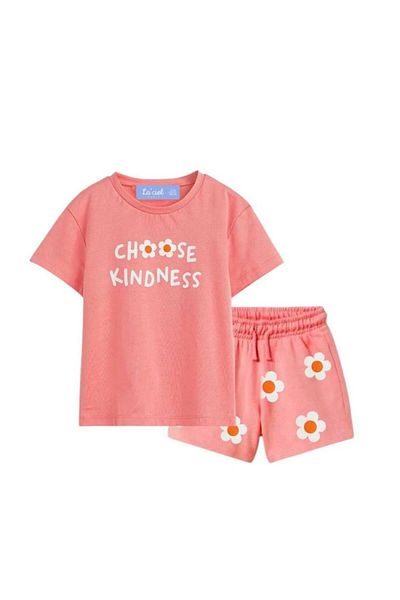 MİO Girl's Cotton Crew Neck Floral Suit Pink