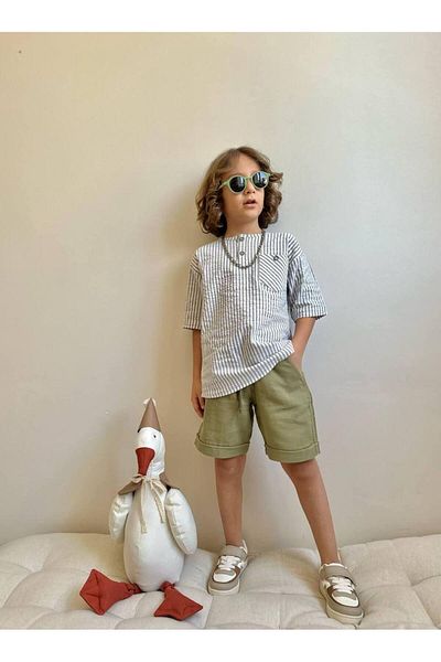 MİO Boy's Cotton Shorts Shirt Suit Summer Casual Cut Khaki