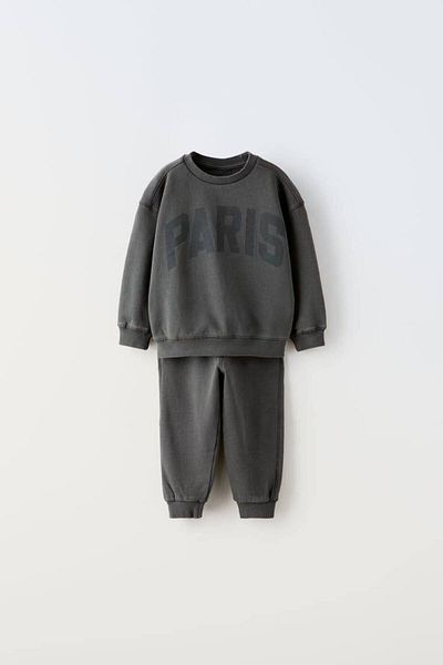 MİO Boy's Gray Paris Cotton Sweatshirt Jogger Tracksuit Bottom-Top Set Anthracite