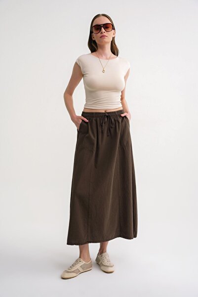 Mixray 4633 Kadın Yandan Cepli Parçalı Etek Haki