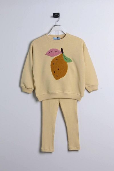 MİO Girl's Süzene Lemon Patterned Winter 3 Thread Cotton Sweatshirt Leggings Top-Top Set Yellow