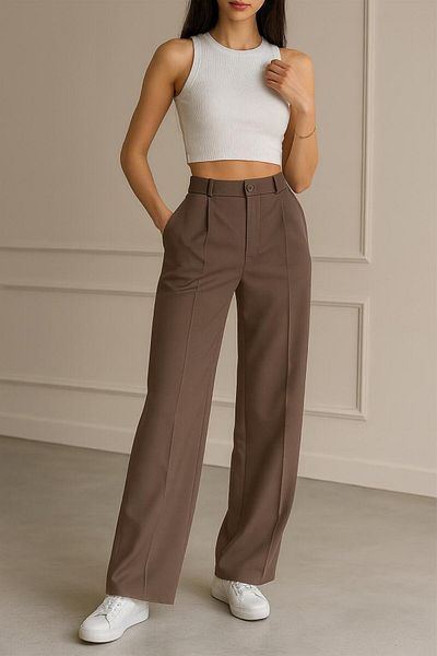 HAKKE High Waist Stitching Detailed Fabric Pants