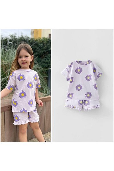 MİO Girl's Cotton Crew Neck Floral Suit Purple