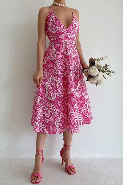 Madmext Pink Patterned Low-cut Midi Dress Mg1537