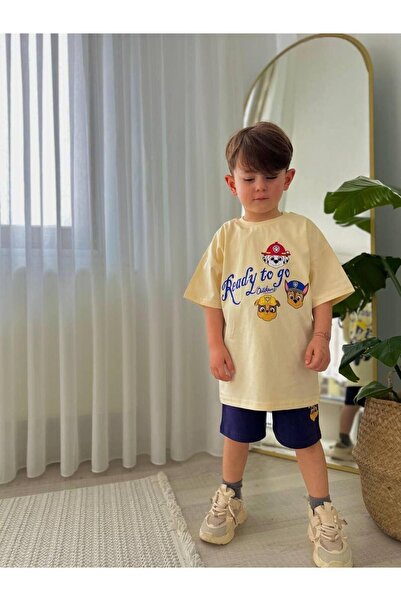MİO Boy's Cotton Paw Petrol T-Shirt and Shorts Set Ecru