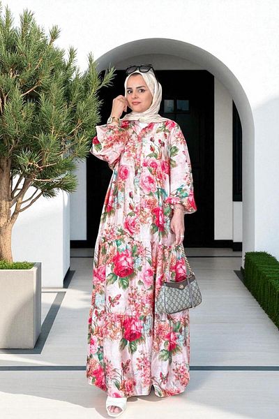 Aselim Hijap Moda Βαμβακερό φόρεμα με λουλουδάτο σχέδιο καλοκαιρινό ρόμπα ροζ με τριαντάφυλλα
