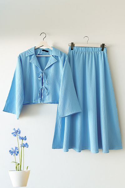 MODAQU Double Breasted Collar Kimono Skirt Suit - Baby Blue
