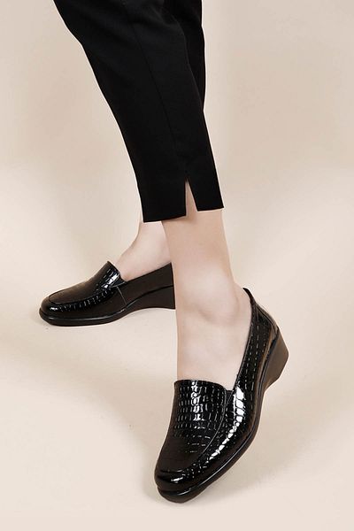 GÖNDERİ(R) Women's Black Krako Wedge Sole Genuine Leather Shoes