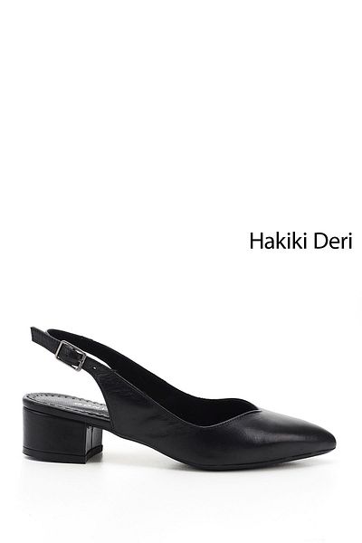 GÖNDERİ(R) Black Heel Genuine Leather Pointed Toe Short Thick Heeled Women's Summer Shoes 24173