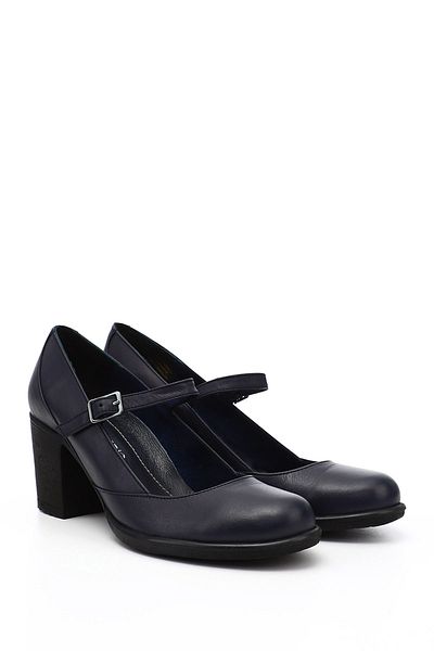 GÖNDERİ(R) Women/Girls Navy Blue Antique Blunt Toe Medium Thick Heeled Genuine Leather Shoes