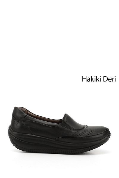 GÖNDERİ(R) BLACK Genuine Leather Round Toe Wedge Sole Women's Casual Shoes 42940