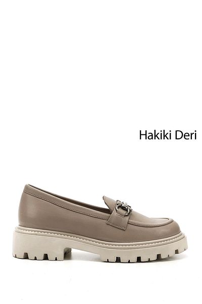 GÖNDERİ(R) Women / Girls Beige Thick Heeled Buckle Genuine Leather Loafer Shoes