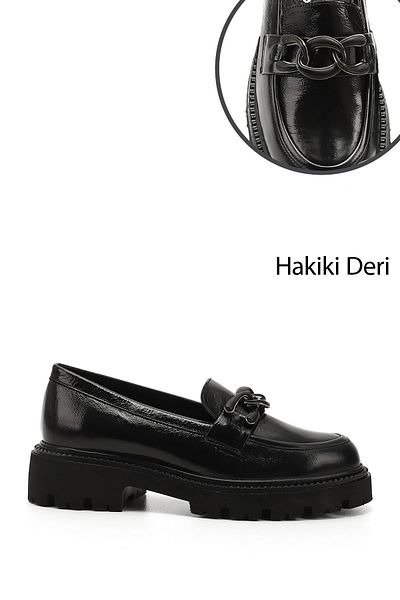 GÖNDERİ(R) Women / Girls Black Patent Leather Thick Heeled Buckle Genuine Leather Loafer Shoes