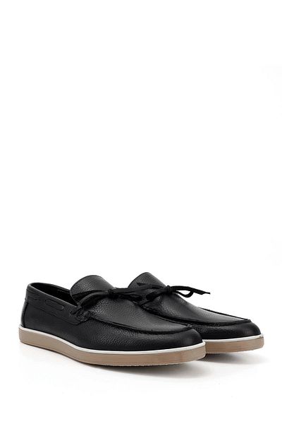 GÖNDERİ(R) Men's Black Floater Bow Genuine Leather Loafer Shoes