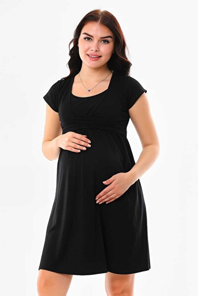MEGHAN L.A Μαύρο κοντομάνικο φόρεμα εγκυμοσύνης και μητρότητας με λειτουργία ...
