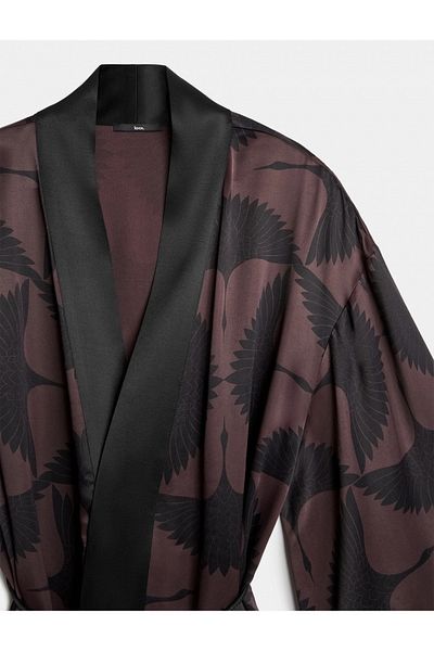 DAPHNE SPORT Viscous Kimono Pajamas Printed Satin Shirt Bottom with Wings Loose Cut English Collar Long Sleeve