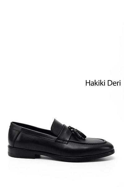 GÖNDERİ(R) Men's Black Tasseled Genuine Leather Loafer Shoes