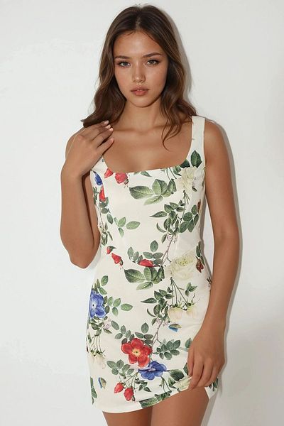Hiccup Μίνι φόρεμα Bodycon με τετράγωνο γιακά και λουλουδάτο σχέδιο