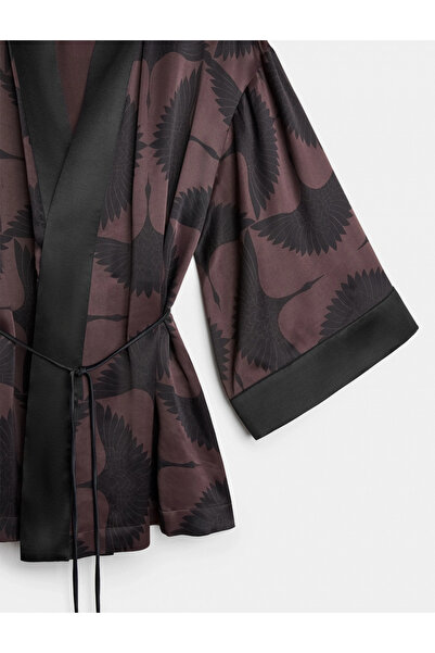 DAPHNE SPORT Πιτζάμες Viscos Kimono με στάμπα σατέν πουκάμισο με έξι πτερύγια χαλαρή εφαρμογή βρετανικό γιακά μακρύ μανίκι