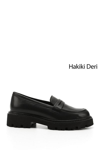 GÖNDERİ(R) Women / Girls Black Thick Heeled Genuine Leather Loafer Shoes