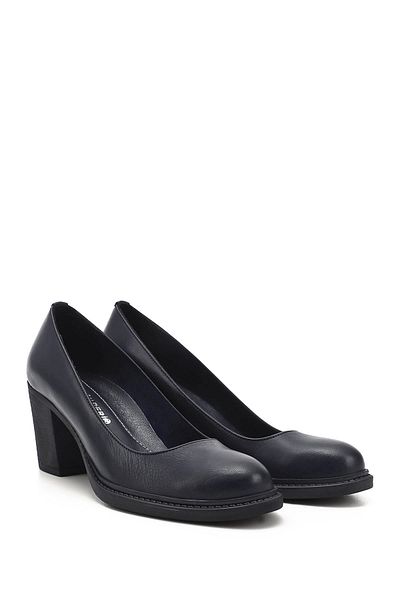 GÖNDERİ(R) Women/Girls Navy Blue Antique Medium Thick Heeled Genuine Leather Shoes