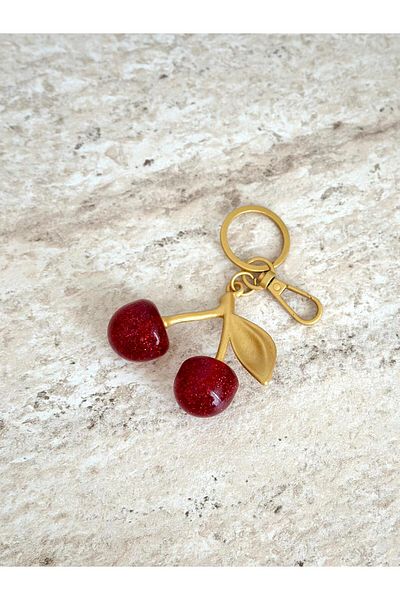 MODA Gold Colored Cherry Figured Keychain and Bag Ornament Charm – Shiny Resin Stone