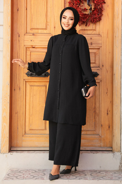N.S NEVA STYLE Buttoned Black Hijab Double Set 12172S