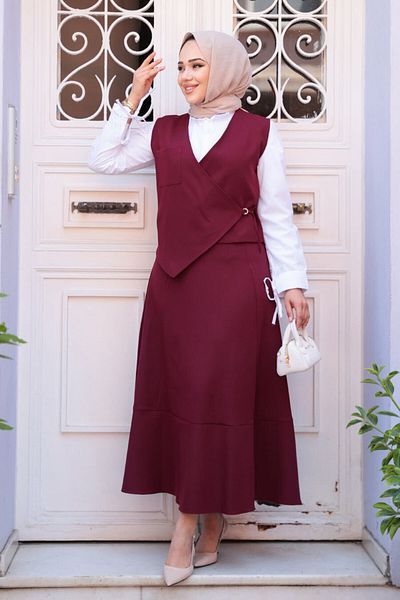 N.S NEVA STYLE Βουργουνδία Χιτζάμπ Φούστα Διπλό Σετ 75471BR