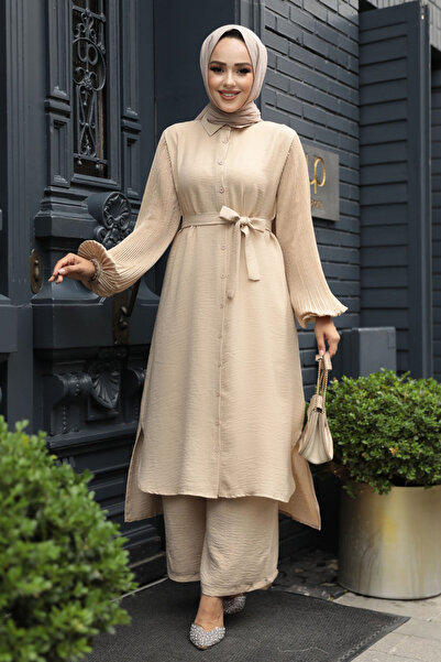 Neva Style Beige Hijab Double Set - Buttoned, Model 12581Beige