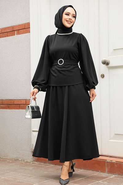 Neva Style Set dublu cu centură și fustă hijab neagră 20024s