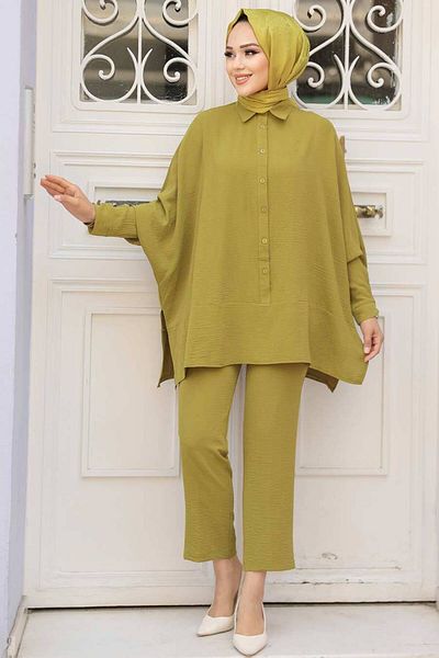 Neva Style Σετ Hijab με πράσινο κουμπί λαδιού - 67751YY