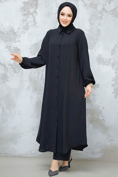 Neva Style Black Hijab Double Set - with Buttons 10891S