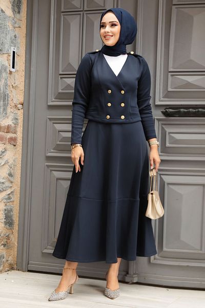 Neva Style Navy Blue Hijab Skirted Jacketed Double Suit - 12371L