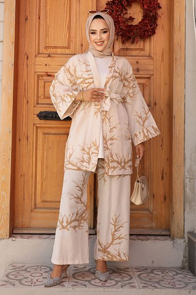 Neva Style Camel Patterned Hijab Kimono Set - 12121c