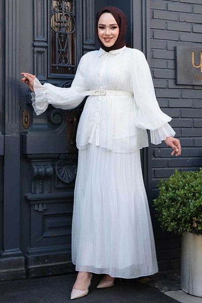 N.S NEVA STYLE طقم مكون من قطعتين مع تنورة بيضاء مطوية 4478B