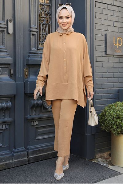 Neva Style Camel Hijab Διπλό Σετ - Κουμπιά, Μοντέλο 67751C